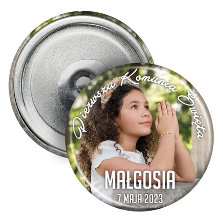 Magnes (okrągły, plastikowy) ze zdjęciem Twojego dziecka oraz imieniem- podziękowanie Komunia Święta.