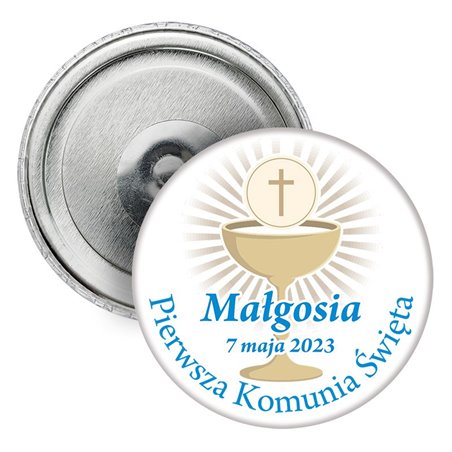 Magnes (okrągły, plastikowy) z imieniem oraz datą uroczystości- podziękowanie Komunia Święta.