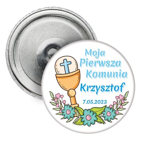 Magnes (okrągły, plastikowy) z imieniem oraz datą uroczystości- podziękowanie Komunia Święta.