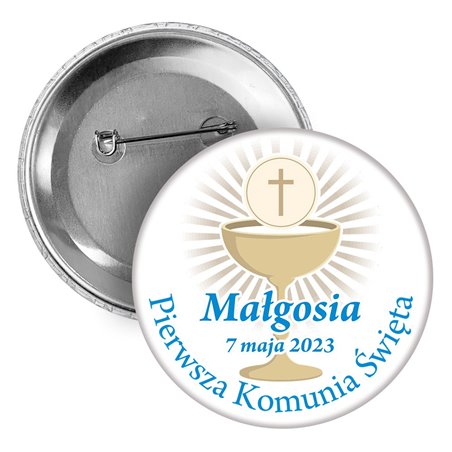 Button, przypinka (pins) (okrągły, plastikowy) z imieniem dziecka oraz datą Komunii.