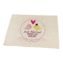Podkładka lniana (z imitacji lnu) z imionami Młodej Pary i datą ślubu - wersja ptaszki. 2