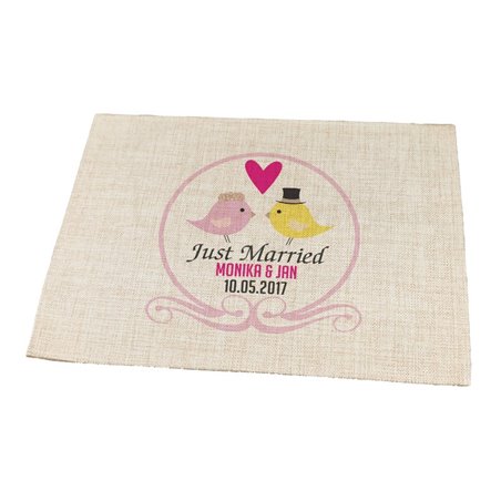 Podkładka lniana (z imitacji lnu) z imionami Młodej Pary i datą ślubu - wersja ptaszki.