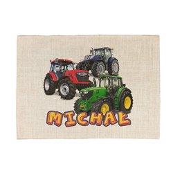 Podkładka lniana (z imitacji lnu)  "Traktory" - podkładka pod talerz z imieniem Twojego dziecka.