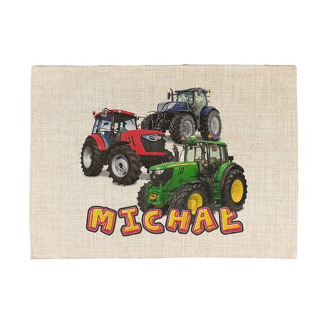 Podkładka lniana (z imitacji lnu)  "Traktory" - podkładka pod talerz z imieniem Twojego dziecka.