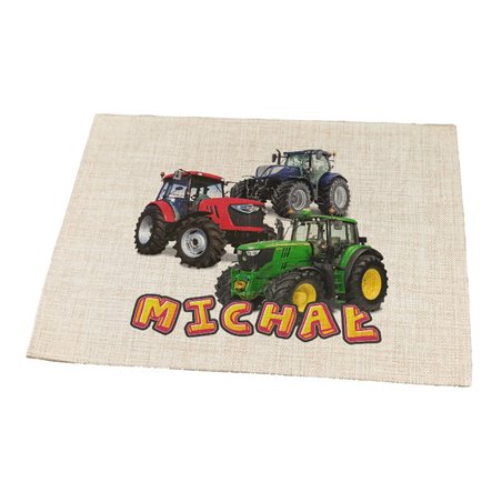 Podkładka lniana (z imitacji lnu)  "Traktory" - podkładka pod talerz z imieniem Twojego dziecka.