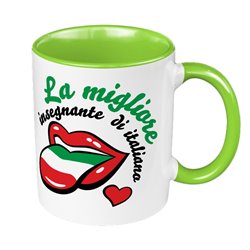 Kubek 330 ml kolorowy dla nauczycielki języka włoskiego - zabawny wzór z ustami.
