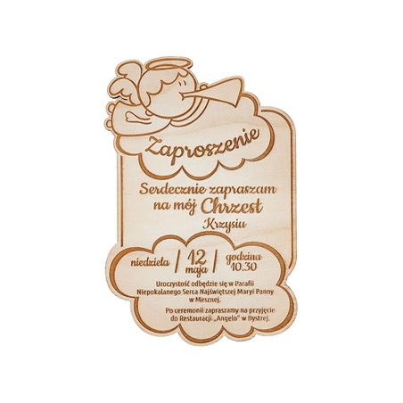 Zaproszenie ze sklejki - chrzest, komunia (aniołek).