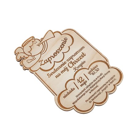 Zaproszenie ze sklejki - chrzest, komunia (aniołek).