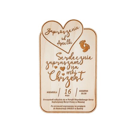 Zaproszenie ze sklejki- chrzest, komunia (stópki).