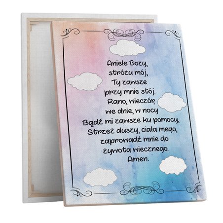 Obraz na płótnie canvas z modlitwą "Aniele Boży"- chmurki, 30 x 40cm.