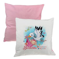 Pluszowa poduszka "Metryczka z Bocianem" - personalizacja - różowy lub niebieski tył.