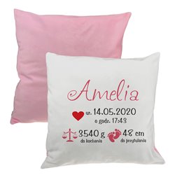 Pluszowa poduszka "Metryczka" - personalizacja - różowy lub niebieski tył.