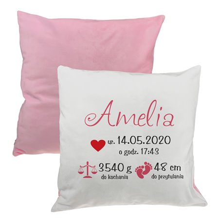 Pluszowa poduszka "Metryczka" - personalizacja - różowy lub niebieski tył.