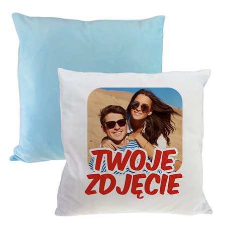 Pluszowa poduszka z Twoim zdjęciem - różowy lub niebieski tył.