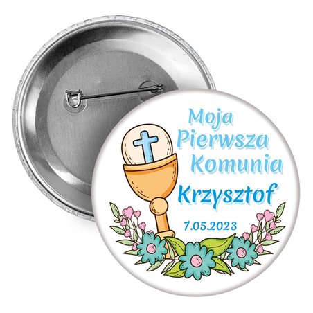 Button, przypinka (pins) (okrągły, plastikowy) z imieniem dziecka oraz datą Komunii.