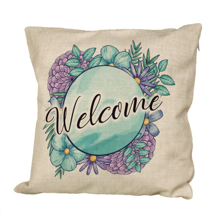 Poduszka lniana (imitująca len) z nadrukiem "Welcome"- różne wzory.