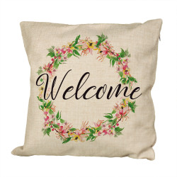 Poduszka lniana (imitująca len) z nadrukiem "Welcome"-...