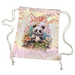 Worko-plecak holograficzny różowy z imieniem- Panda na łące.