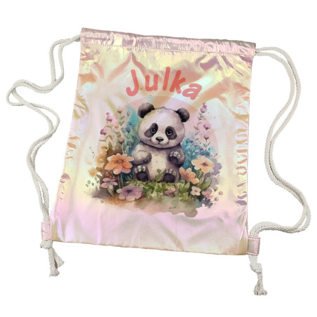 Worko-plecak holograficzny różowy z imieniem- Panda na łące.