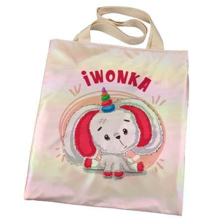 Torba holograficzna różowa dla dziewczynki z imieniem- "Królikorożec".