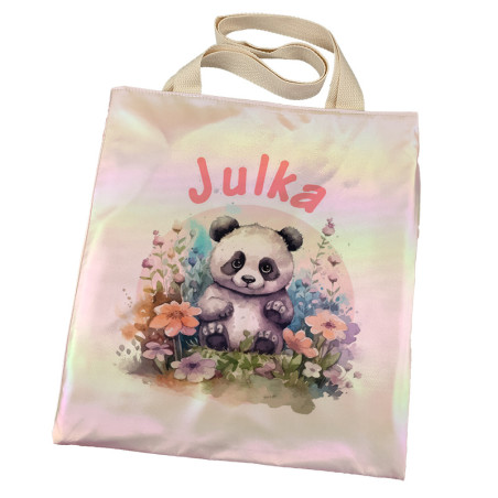 Torba holograficzna różowa dla dziewczynki z imieniem- "Panda na łące".