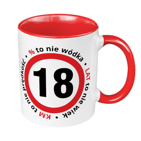 Śmieszny kubek 330 ml kolorowy specjalnie na 18 urodziny.