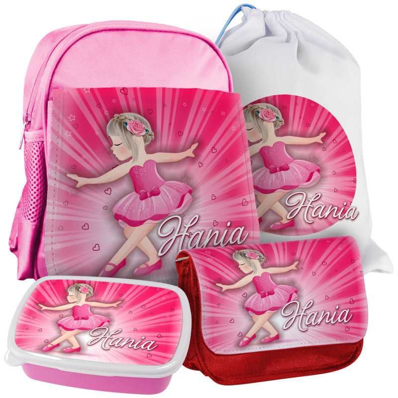 Zestaw szkolny z grafiką "Baletnica" - plecak, worek, piórnik, śniadaniówka- różowy.