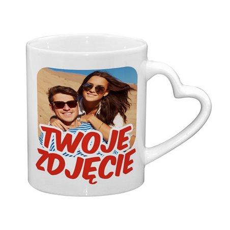 Kubek z Twoim zdjęciem, grafiką, tekstem- uchwyt serce.