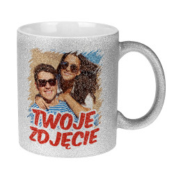 Brokatowy srebrny kubek z Twoim zdjęciem, grafiką, bądź...