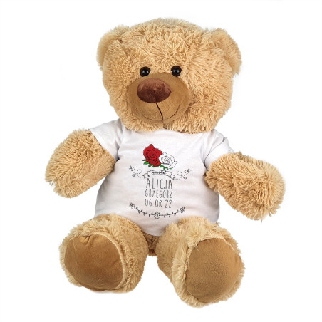 Maskotka miś duży "Roże" z imionami oraz datą ślubu - ok. 55-60cm.