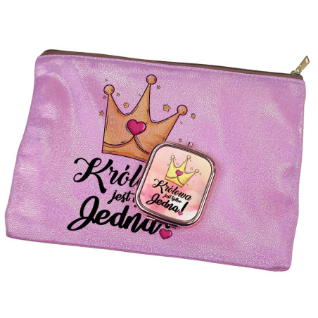 Zestaw kosmetyczka różowa z brokatem oraz lusterko różowe złoto- Królowa jest tylko jedna.