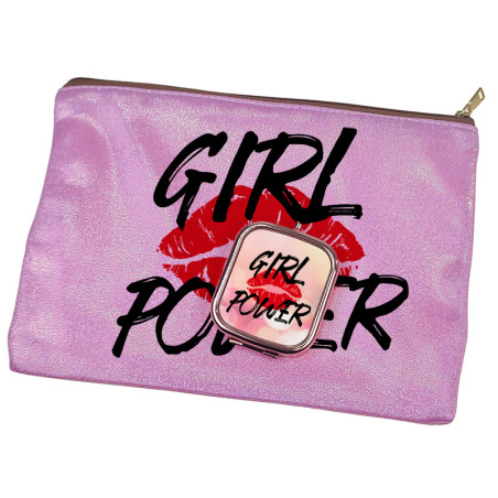 Zestaw kosmetyczka różowa z brokatem oraz lusterko różowe złoto- GIRL POWER.