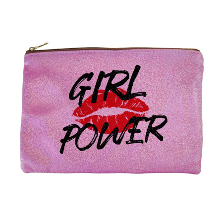 Zestaw kosmetyczka różowa z brokatem oraz lusterko różowe złoto- GIRL POWER.