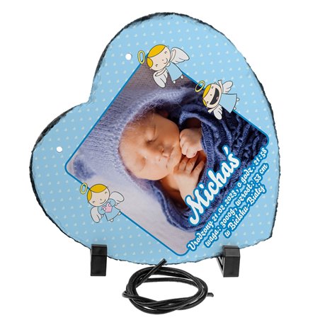 Foto granit (płyta granitowa) w kształcie serca ze zdjęciem na chrzest, metryczka.