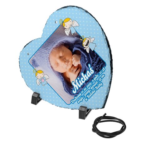 Foto granit (płyta granitowa) w kształcie serca ze zdjęciem na chrzest, metryczka.