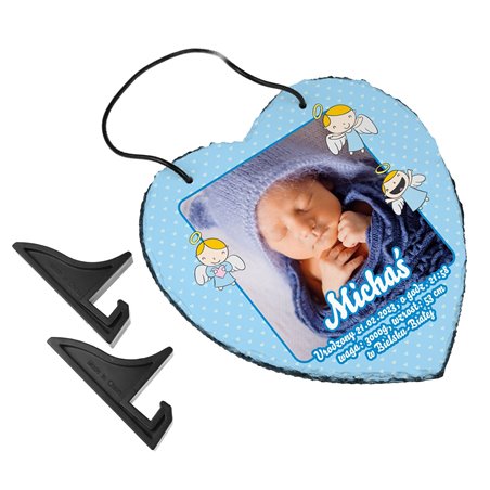 Foto granit (płyta granitowa) w kształcie serca ze zdjęciem na chrzest, metryczka.