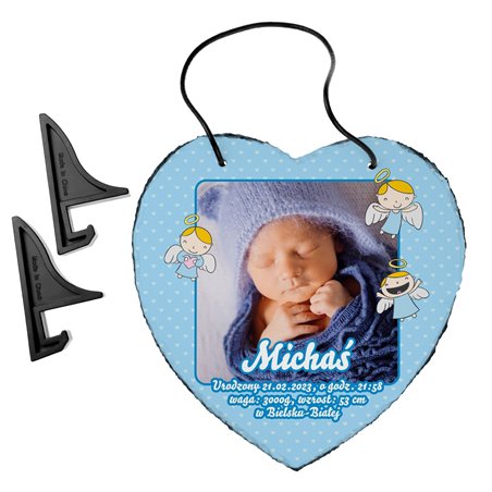 Foto granit (płyta granitowa) w kształcie serca ze zdjęciem na chrzest, metryczka.