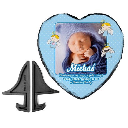 Foto granit (płyta granitowa) w kształcie serca ze zdjęciem na chrzest, metryczka.