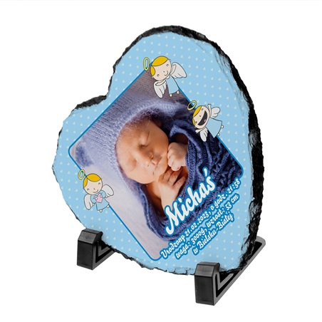 Foto granit (płyta granitowa) w kształcie serca ze zdjęciem na chrzest, metryczka.