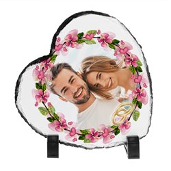 Foto granit (płyta granitowa) w kształcie serca z Twoim zdjęciem i obrączkami- prezent dla Młodej Pary lub rodziców.