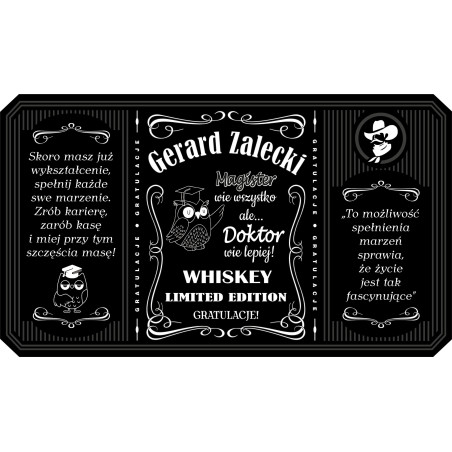 Personalizowana etykieta na alkohol w stylu Jack Daniel's dla świeżo upieczonego Doktora.
