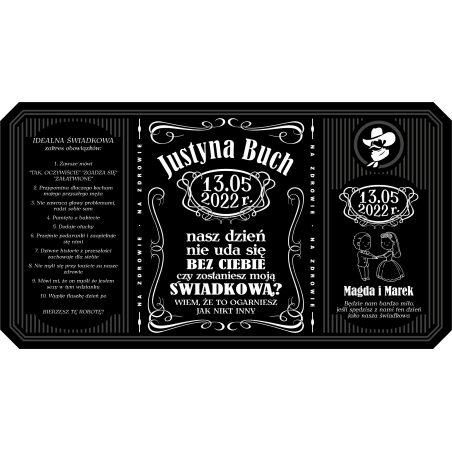 Personalizowana etykieta na alkohol w stylu Jack Daniel's- Prośba o bycie Świadkową na ślubie.