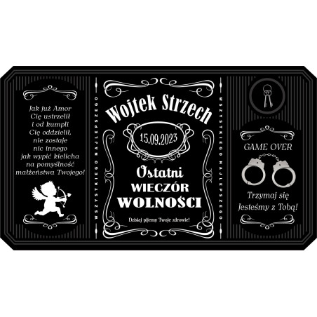 Personalizowana etykieta na alkohol w stylu Jack Daniel's na wieczór kawalerski.