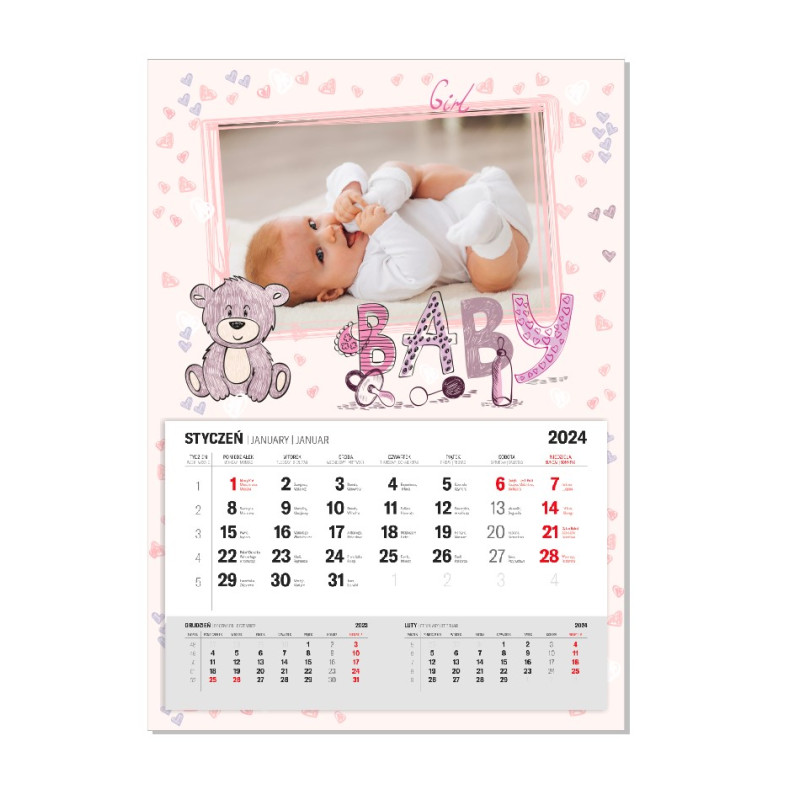 Kalendarz dziecięcy jednodzielny A3 z Twoim zdjęciem i zrywanym kalendarium- różne wzory.