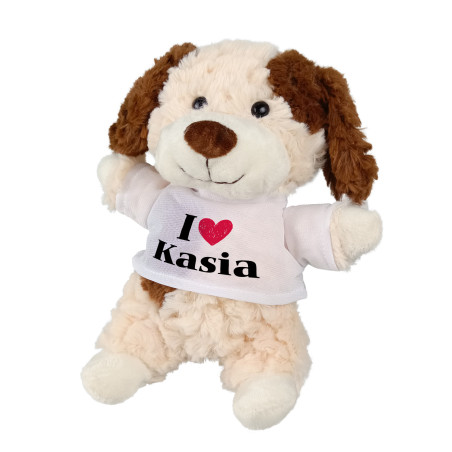 Puszysty piesek z grafiką "I love + imię"- 18cm.