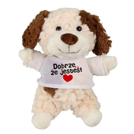 Puszysty piesek z grafiką "Dobrze, że jesteś"- 18cm.