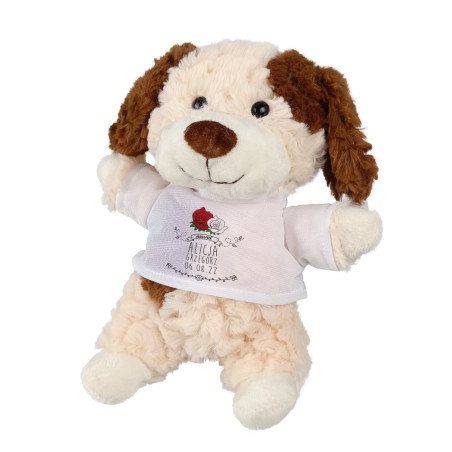 Puszysty piesek z grafiką "Róża z imionami i datą ślubu"- 18cm.