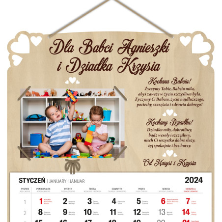 Kalendarz drewniany ze zdjęciem na Dzień Babci lub Dziadka