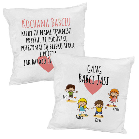 Dwustronna pluszowa poduszka "Gang Babci" - z imionami Babci i wnucząt.