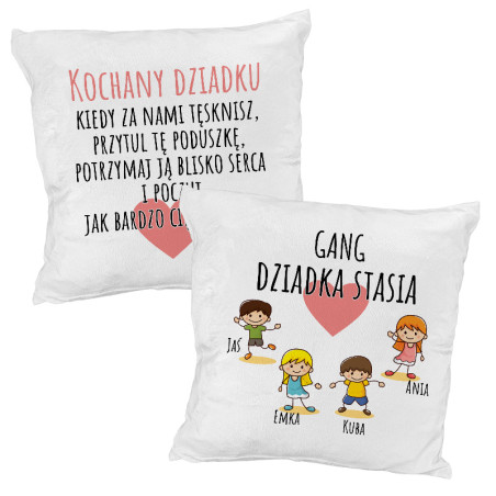 Dwustronna pluszowa poduszka "Gang Dziadka" - z imionami Dziadka i wnucząt.